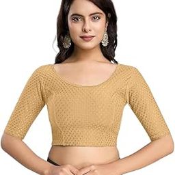 Avnils's Women's Dobby Pure Cotton Elastin Stretchable Readymade Round Neck Elbow Length Sleeves Blouse Choli with Textured Pattern (Beige, 30)-image-85