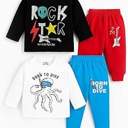 Kids Regular Fit Cotton T-Shirts and Pyjamas Set-image-6