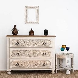 Quick Artsy Chest of Drawers with 3 Drawers Grey Carved Flower Mango Wood Solid - 40D x 90W x 82H Centimeters-10