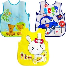 FunBlast Plastic Feeding Baby Bib – Pack of 3 Waterproof Baby Apron with Bib, Food Catcher Pocket with Adjustable Knot Baby Bib for 6 to 18 Months Baby (Color and Print May Vary)-14