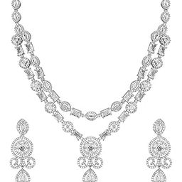Rhodium-Plated White Baguette-Cut Cubic Zirconia Studded Luxe Double-Layer Necklace Set for Women & Girls – for Special Events & Evening Glamour-image-4
