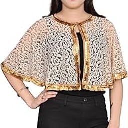 Women's Net Lace Poncho with Golden Lace Front Open Capes Shrugs-19