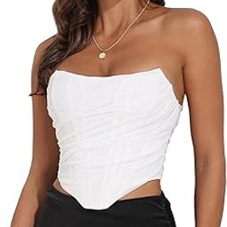 Women's Strapless Open Back Boned Mesh Bustier Zip Up Corset Back Bodyshaper Crop Top White-image-6