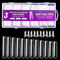 Rubyface 3XL Square Nail Tips, 240PCS Clear Full Cover Artificial False Nails Tips, Extra Long Square No 3 C Curve Acrylic Nail Tips, XXXL Tapered Squares Fake Nails for Salons Home DIY Nail Art 12 Sizes-39
