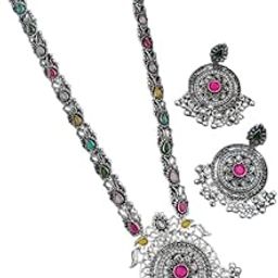 Fashion Latest German Oxidised Kolhapuri Design Saj Necklace Set with Earrings Wedding Traditional Jewellery Set for Women-image-79