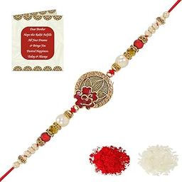 Glorious Gold Plated Om and Diamond Ring Rakhi (Bracelet) with Roli Chawal and Greeting Card (K9)-image-47