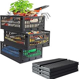 Aditya polymers 3 Pc. (10 Kg. Capacity) Foldable Stackable Plastic Storage Crates with side handles | Multipurpose Collapsible Basket with Wheels | Portable Utility Bins -Stack and Slide | Grey-15