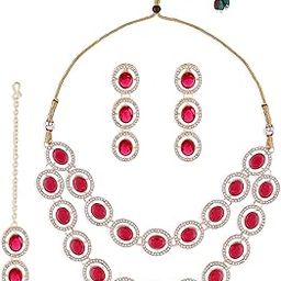 Pink Stones Dazzling Austrian Diamonds Layered Necklace Earring Maangtikka Set For Women-ZPFK17771-image-52