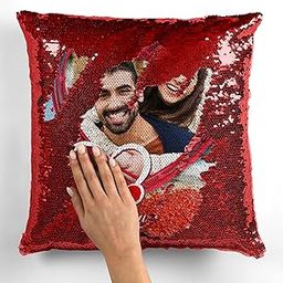 MUKESH HANDICRAFTS Polyester Personalised Magical Photo Cushion For Gifting On Anniversary Birthday Size :- 12X12 Inch (Red)-image-83