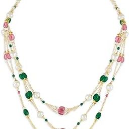 Pink Green Beads Multilayer Pearls Fusion Wear Statement Necklace For Women-ZPFK21308-image-70