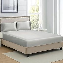 RD TREND® Satin Fitted Bedsheets Queen Size 78x60x10 Inch, Elastic Bedsheets for Queen Size Bed with 2 Pillow Covers-18x28 Inch (Silver)-image-64