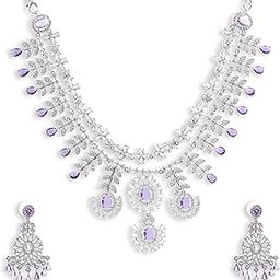 Purple American Diamond Jewellery Set for Women | Rhodium Plated Necklace Set with Earrign | Light & Royal Purple Stones | Wedding and Party Set for Girls & Women-image-33