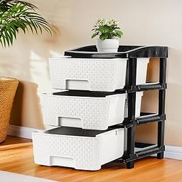 Kuber Industries Plastic 3 Tier Multipurpose Modular Drawer Storage Rack | Kitchen & Home Essentials Organizer Storage Box Cabinet | Almira Set for Stationary, Kitchen, Cosmetic | Black & White-26