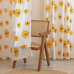 HOMEMONDE Light Filtering Door 7 Feet Grommet Curtains Set Of 2- Printed Sheer Linen Curtain For Living Room Decoration, White Sun Flower Drapes, 84 Inches-72