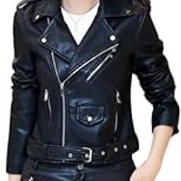 Women’s PU Leather Motorcycle Jacket Black Short Zip-Up Long Sleeve Coat-image-63