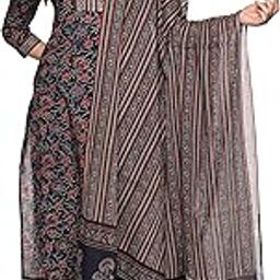 Women's Cotton Hand Work Floral Printed Straight Kurta Pant With Dupatta Set (Blue & Red)-15