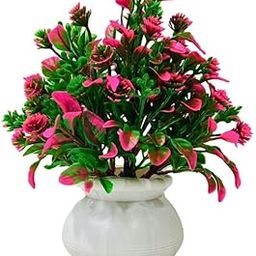 ATEVON Artificial Flower Plant with White Pot – Decorative Faux Floral Bunch for Home, Office, Balcony, Living Room, and Gifting (Pink-Green)-1
