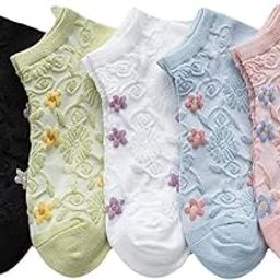 Floral Embroidered Combed Cotton Ankle Length Socks for Women, Set of 5 Pairs, Assorted Colours, Design-23