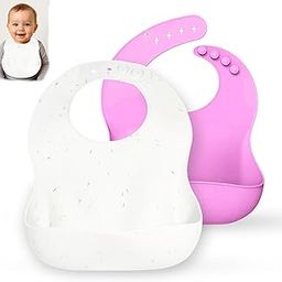 GLUN® Silicone Bib Comes with Built-in Crumb Catcher, Pack of 2 Pink & White Colour, Easily Wipes Clean Comfortable Soft Baby Bibs, Less Time Cleaning After Meals with Babies or Toddlers-image-43