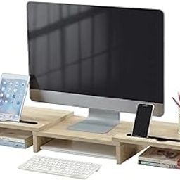 NeoStyle Monitor Stand Riser with 2 Slots for Phone & Tablet, Length and Angle Adjustable 3 Shelf,Multifunctional Desktop Organizer for Monitor, Laptop, Tablet (Light Wood)-image-58