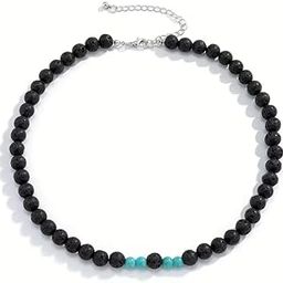 COOL FAB LAGOON - Natural Black Lava Stone with Blue Pearl Necklace Mens & Boys (21 inch with adjustable cable chain)-image-79