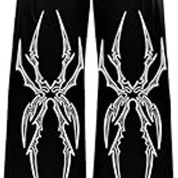 Gothic Spider Design Wide Leg Pants, Black Elastic Waist Trousers with Tribal Print-image-2