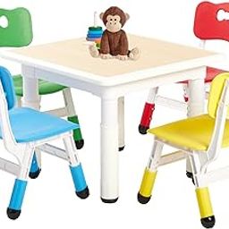 FUNLIO Kids Table and 4 Chairs Set for Ages 3-8, Height Adjustable Toddler Table and Chair Set, Easy to Wipe Arts & Crafts Table, for Classrooms/Homes/Daycares, CPC & CE Approved(5 pcs set)-Multicolor-image-70