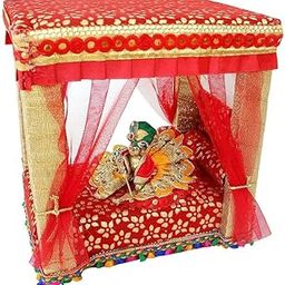 New Crafts Wooden Bed for Laddu Gopal Ji, Size 0-4 Number Kanha Ji (Red and Golden Colour)-29