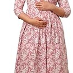 Women's Pure Cotton Maternity Gown Dress | A-line Feeding Kurti | Pink & White Kurtis for Women & Girls-image-74