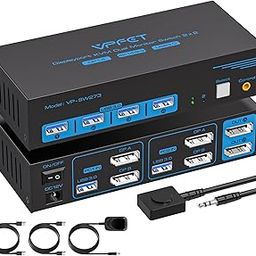 4K@144Hz Displayport KVM Switch 2 Monitors 2 Computers USB3.0 KVM Switch Dual Monitor for 2 Computers Share 2 Monitors and 4 USB Devices Support Extended/Copy Mode with Desktop Controller-2