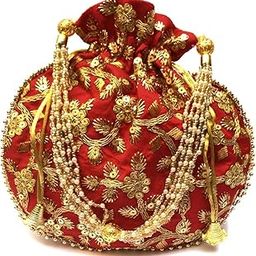 Potli Bag Velvet Golden work wedding potli for ladies Deepawali Gift handbags traditional Indian Wristlet with Drawstring Ethnic Embroidery Women Fashion Potli(Red)-image-91