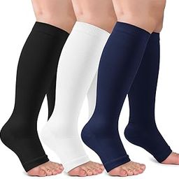 CTHH 3 Pack Open Toe Compression Socks for Women & Men, Toeless Knee High Stockings for Circulation Support, Black White Navy Small-Medium-image-26