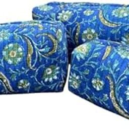 Handblock Cotton Quilted Pouch Set of 3 – Blue Floral Travel Organizer Bags for Makeup Toiletries Jewelry Stationery – Waterproof & Washable-image-3
