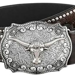 Western Cowboy Leather Belt | Floral Engraved Longhorn Bull Head Buckle, Durable Alloy Buckle for Men & Women-image-65