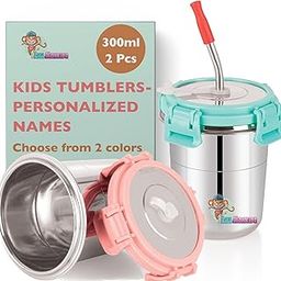 LiLLMONKiDZ Stainless Steel Tumbler for Kids | Tumbler Glass with Straw for Kids | Steel Tumbler with Lid, Straw, Cleaning Brush & Silicon | (Sea Green/Ice Pink, 300ml) (Personalized with Name)-22