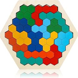 Wooden Puzzles for Kids,Brain Teaser Puzzles for Adults,STEM Montessori Educational Hexagon Puzzles Shape Pattern Block Family Games Portable Gift for All Ages Challenge-image-29