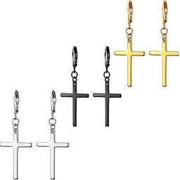 3 Pairs Cross Earrings for Men Women Dangle Drop Crucifix Hinged Hoop Jewelry Stainless Steel Hypoallergenic Black Gold Silver-image-98