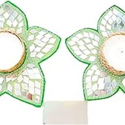 MEHRANSH Decorative Tealight Candle Holder Set with Mirror Mosaic Flower Base | Elegant Space Design for Festive Ambience, (Pack of 2) (Green)-image-97