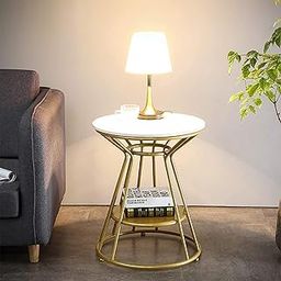 ObalTure Round Coffee Table 2-Tier Corner Table Bathroom Living Room Balcony Bedroom Decorative Flower Pot Stand 40 x 40 x 50 cm Sofa Side Tables for Home and Furniture Golden and White-picture-19