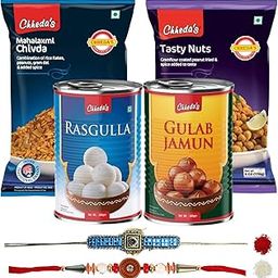 Chheda's Premium Bhaiya Rakhi with Roli & Chawal - Raksha Bandhan Gift Combo - Rasgulla, Elaichi Soan Papdi, Farali Chivda, Mini Bhakarwadi - Sweets & Namkeen Gift Hamper - Rakhi for Brother-image-28
