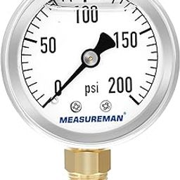MEASUREMAN 2" Dial Size, Glycerin Filled Plumbing Pressure Gauge, 0-200psi, Black Steel Case, 1/4"NPT Lower Mount-21