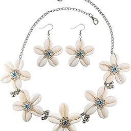 Handmade Sea Shell Flower Choker Necklace Unique Boho Beach Jewellery with Earrings Antique Aesthetic Beach Cowrie Shell White Kodi Choker Bohemian Jewellery For Women And Girls-image-81