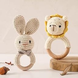 SYCAMORE EAST Baby Rattle for Newborn, Crochet Bunny Rattle Wood Toy Natural Wool, Music Shaker Rattle for Hand Grips, Boy Girl First Rattle Gift Lion+Rabbit 2 Pcs Combo-17