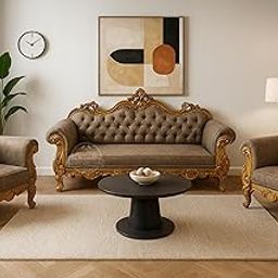 UNIQUE WOOD ART Royal Carved Wooden Sofa Set | 3+1+1 Seater | Antique with Button Tufted Velvet Upholstery | Victorian Style Living Room Furniture Tufted Sofa Set Grey 3-Piece Living Room Set-image-88