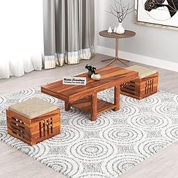 SIGNATURE KRAFT Solid Sheesham Wooden Coffee Table with 2 Stools for Home, Office | Center Cofee Table for Living Room, Wood Center Table with Shelf Storage, Arban- Natural Teak Finish-image-52