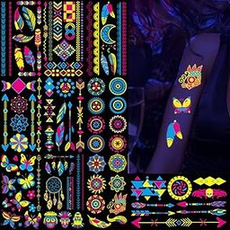 MAYCREATE® 10 Sheets Temporary Tattoos Sticker Glow in The Dark Assorted Patterns Fun UV Neon Body Face Fake Tattoos for Women Men Rave Festival Party, Waterproof Multi-image-51