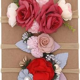 SYGA 3 Pcs Baby Headband, Flower, Pearl Stretchable, Nylon HairBand for Newborn Infant Toddlers Kids 0-3 Year- Red-image-35