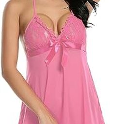 MAHIRA Women's Net Above Knee Baby Doll | Sexy Night Dress with Matching Bra Panty | Nighty for Women__Pink-image-7