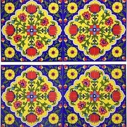 Shiv Kripa Blue Pottery Home Decor Tiles Ceramic High Lighter Wall Kitchen Bathroom Handmade Tiles 6 x 6 Inch Set of 4Tiles (Blue & Multi)-image-3