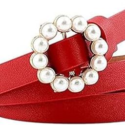 F DREAM Women's Dress Belts Fashion Pearl Decorative Belt Ladies Belt Round Pin Buckle Pearl Belts Women'S Casual Solid Pu Leather Thin Belt (Red, 32 Inch)-9